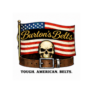 A graphic design for a Burton's Belts product, featuring a brown leather belt with a silver buckle, a skull, an American flag, and gold lettering that reads 'Burton's Belts' and 'TOUGH. AMERICAN.